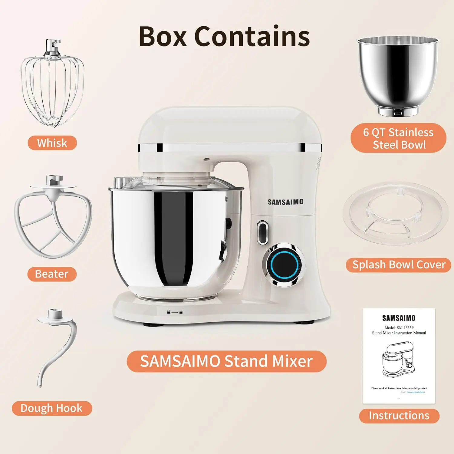 Electric Stand Mixer 65QT Tilt Head 660W 10 Speed Household Food Mixer 304 Stainless Steel Bowl Bread Cake Mixer Includes Dishwa
