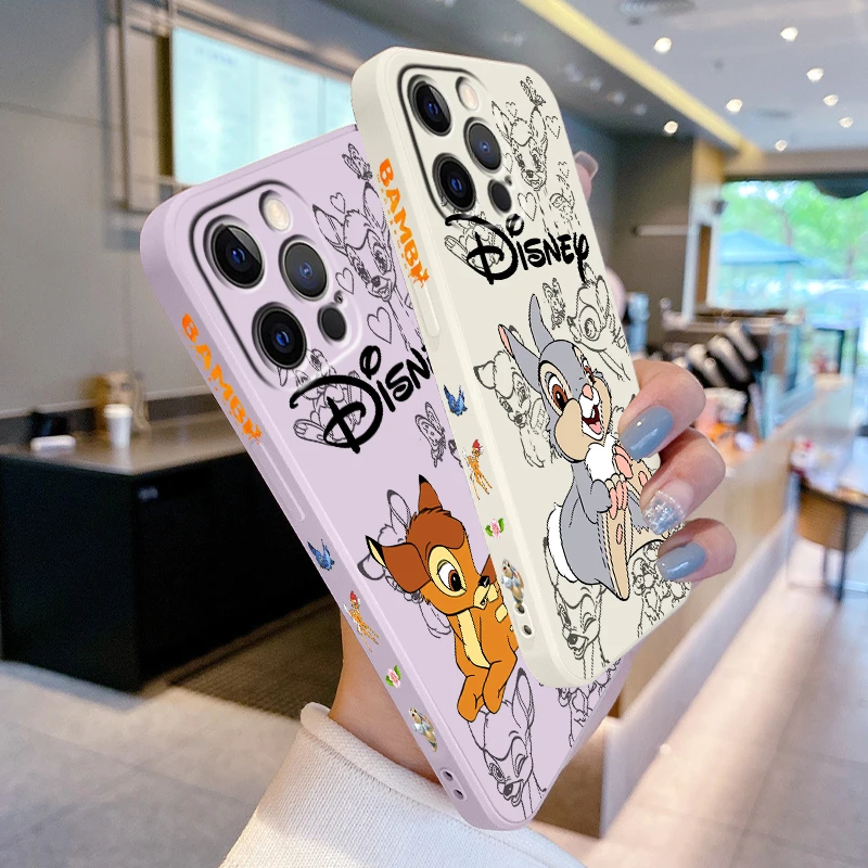 Disney Bambi Luxury Cartoon For Apple iPhone 15 14 13 12 11 XS XR X 8 7 SE Pro Ultra Max Plus Mini Liquid Left Rope Phone Case