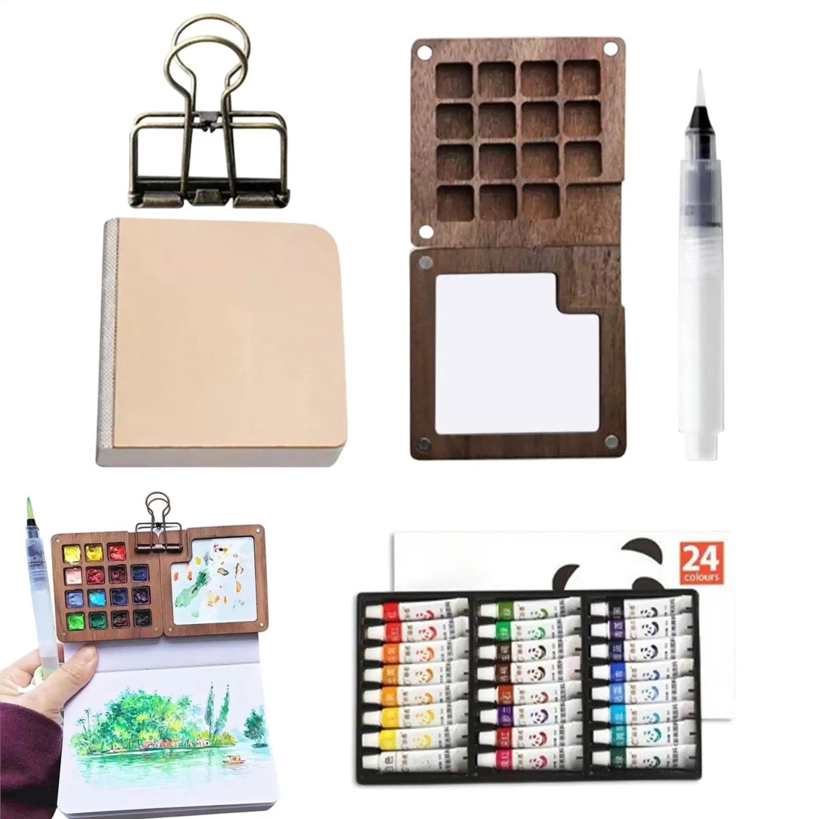 Aquarell-Paletten-Set mit Holz-Malbox Mini-Reise-Malpalette-Set mit Binderclips Aquarellfarben-Set für Kunstliebhaber
