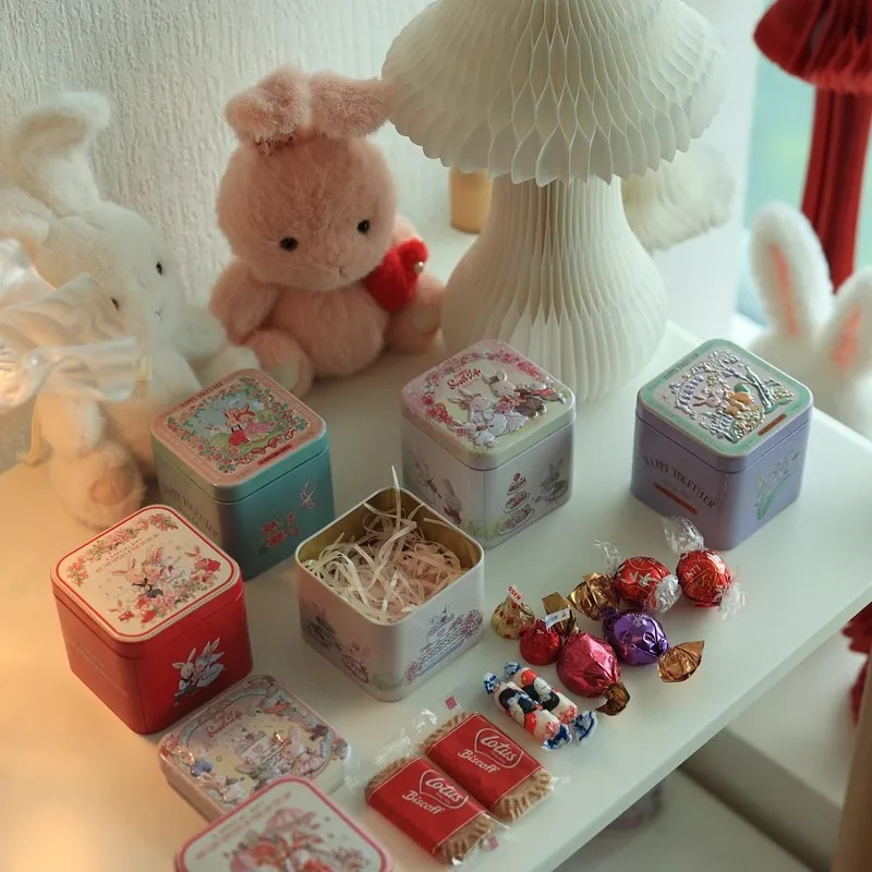 صندوق قصدير مطبوع عليه أرنب كرتوني، صندوق تخزين مربع للوجبات الخفيفة، منظم الحلوى، ديكور المنزل، صندوق معدني قابل للتجميع، هدايا الزفاف #2