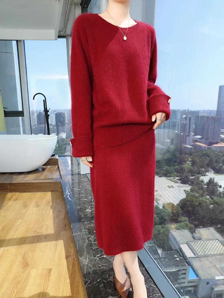 100% Mink Cashmere Skirt Sets Autumn Winter Women Elegant O-Neck Knit Pullover Sweater A-line Skirt 2 Piece Female Fashion Suits