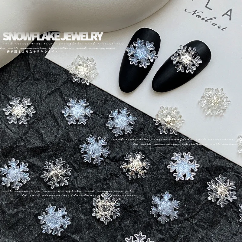 50Pcs White Gradient Glitter 3D Resin Snowflake Nail Studs Xmas New Year Decor For Salon UV Gel Nail Art Craft