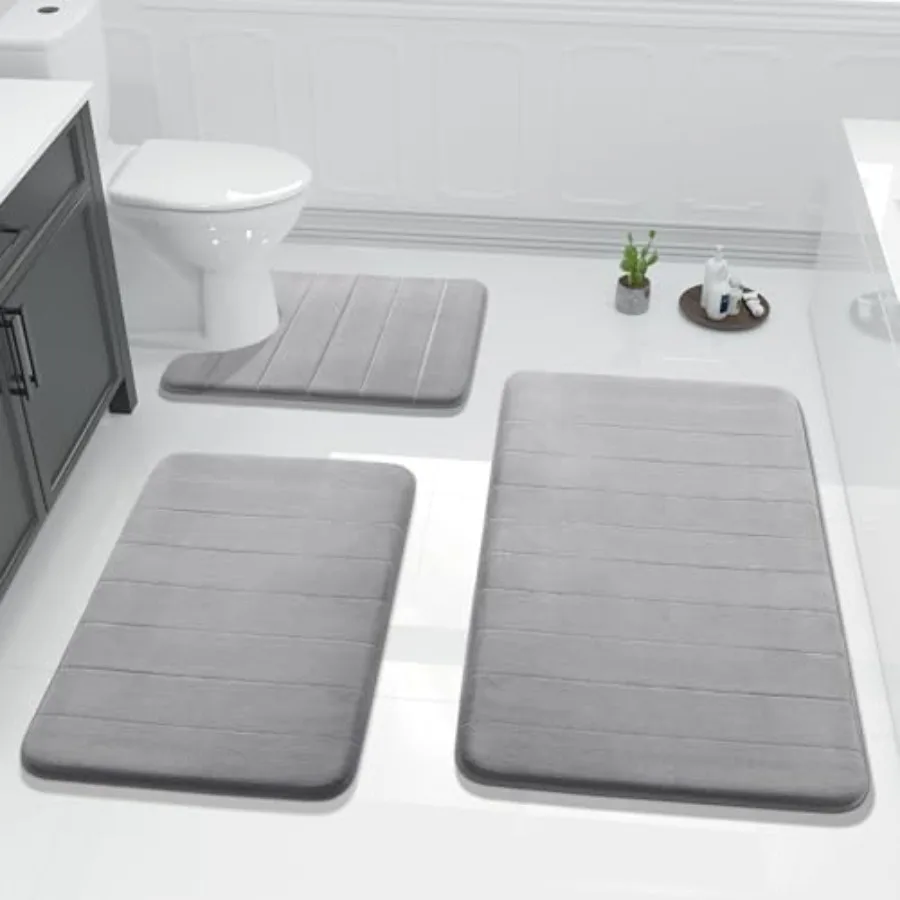 

3 Pieces Memory Foam Bath Mat Set with U-Shaped Toilet Rug - Non Slip Super Soft Absorbent Quick Dry Bathroom Rugs for Bathtub