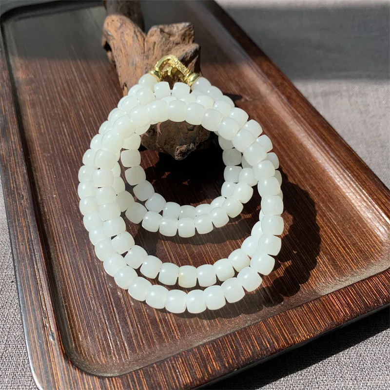 Hetian Jade -Style Bead Necklace, Vintage Russian Material, Mutton Fat White Sweater Chain, 6X7Mm Multi-Loop B