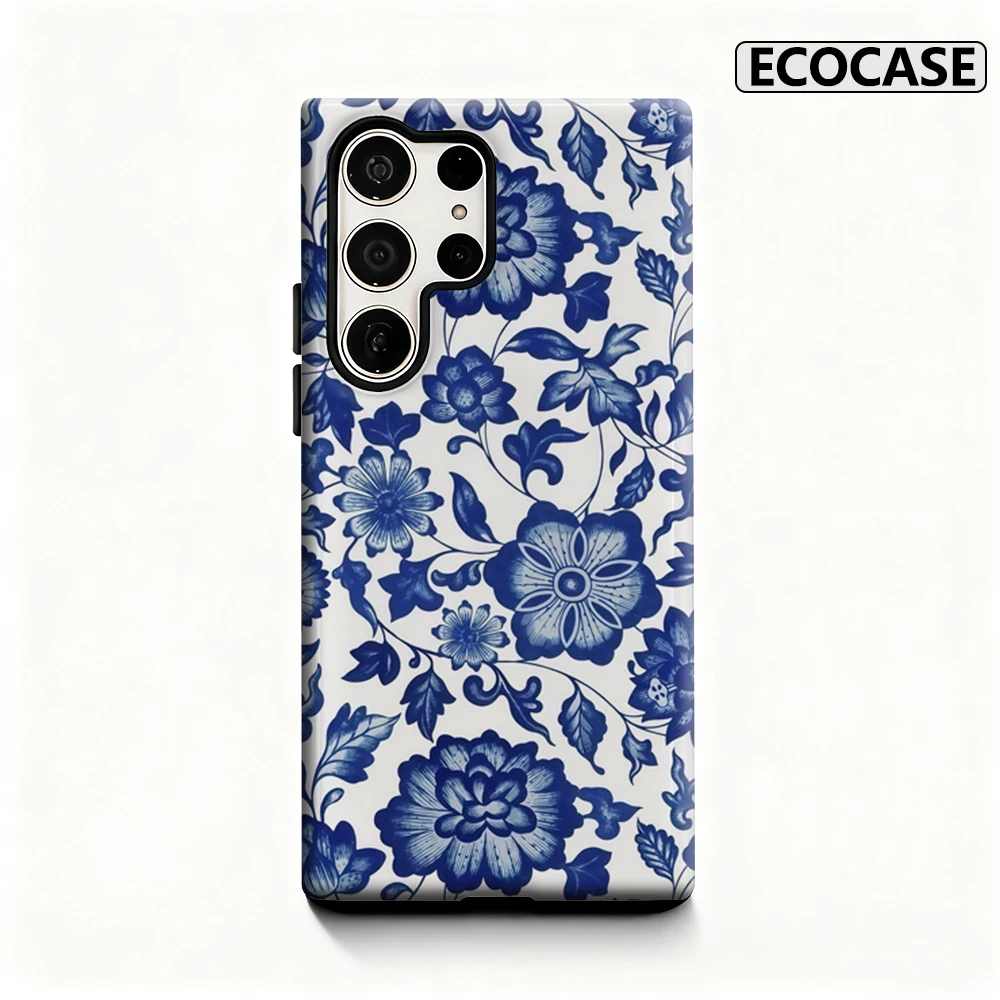 Blaue Porzellan-Eleganz-Handyhülle für Samsung Galaxy S25 Ultra S24 S23 Ultra Plus, glänzende doppellagige Rückseite