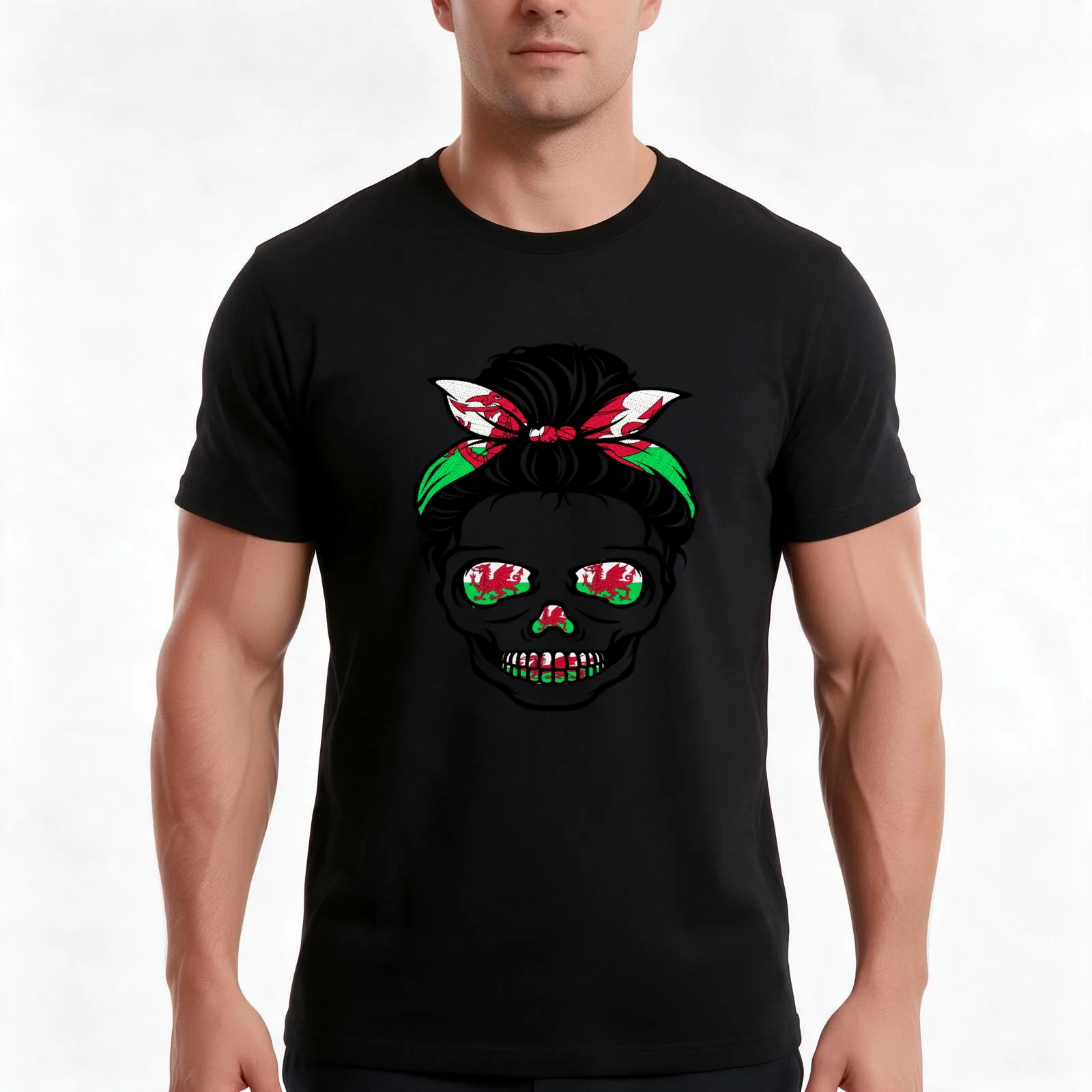 Gothic Skull Messy Bun Welsh T-Shirt, Summer Casual Cotton Tee, Oversized Streetwear Tops, Vintage Graphic Print, 100% Cotton