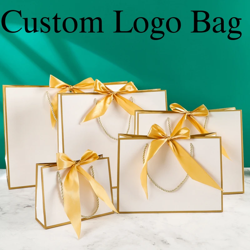 10 Pcs Custom Logo Package Paper Bags Bow Tie Christmas Day Gifts Bags Birthday Party Bags Wedding Gifts Pacakage Bags Clothes