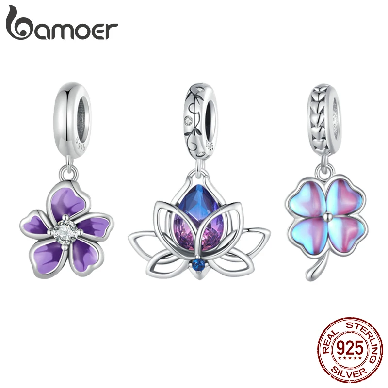 BAMOER 925 Sterling Silver Four-Leaf Clover Pendant Charms Purple Flower Beads for Women Bracelet DIY Finr Jewelry SCC2562