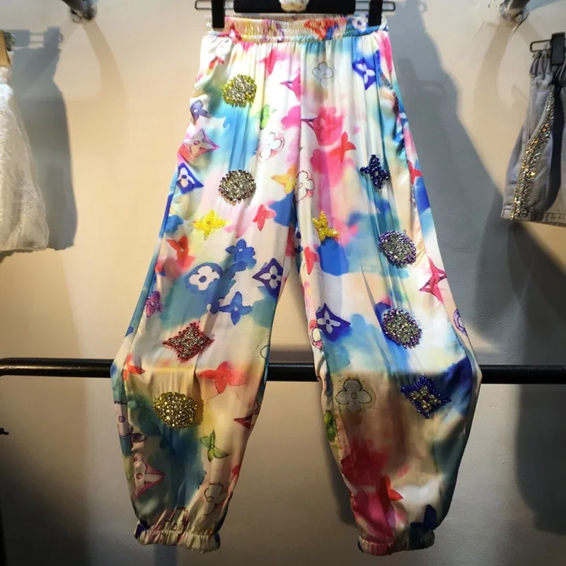 

2022 Spring Summer Heavy Industry Beaded Diamond Print High Waist Loose Casual Nine-Point Harem Pants q170