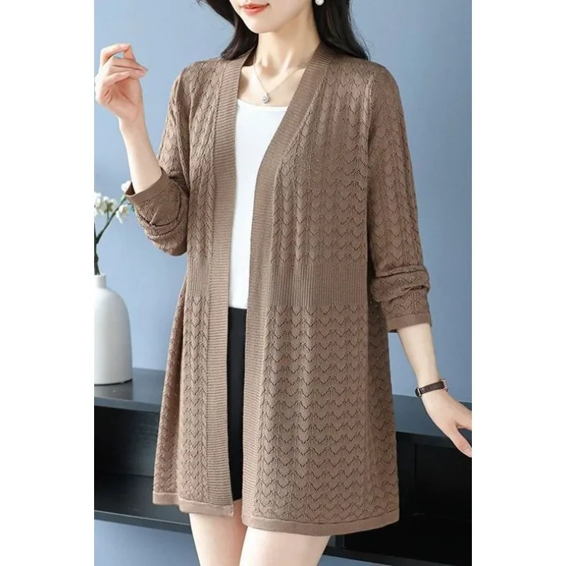 

Loose Thin Cardigan Ice Silk Knitted Medium-length Hollow Long Sleeve Sunscreen Jacket Elegant Top