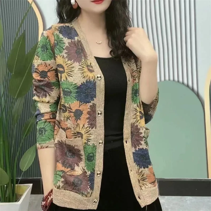 Loose Vintage Floral Print Casual Women V-Neck Pocket Sweater Jacket Elegant Button Cardigan Coat Female Autumn Winter Clothing