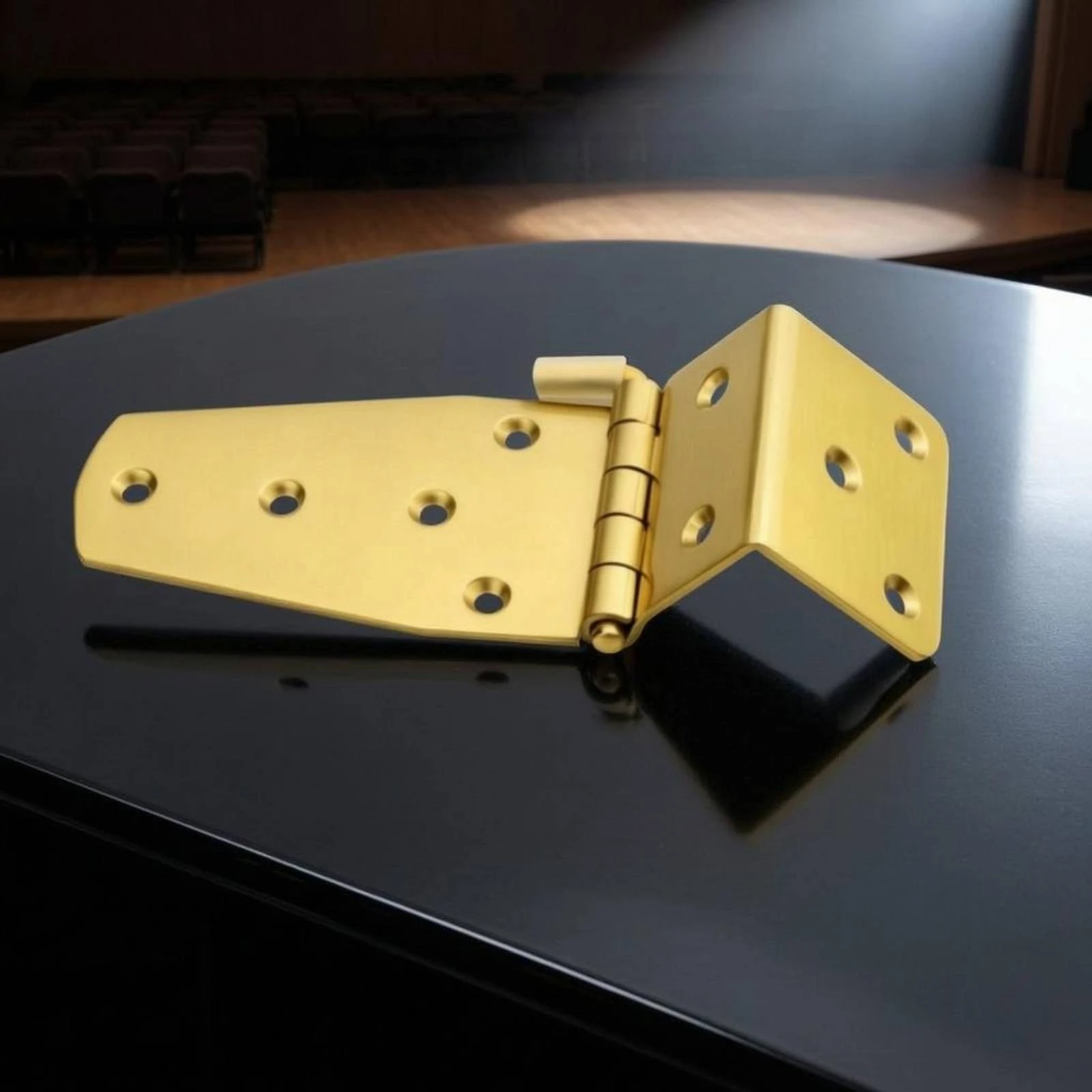 Bisagra triangular para tapa de piano, tono dorado, con orificios avellanados, pulida