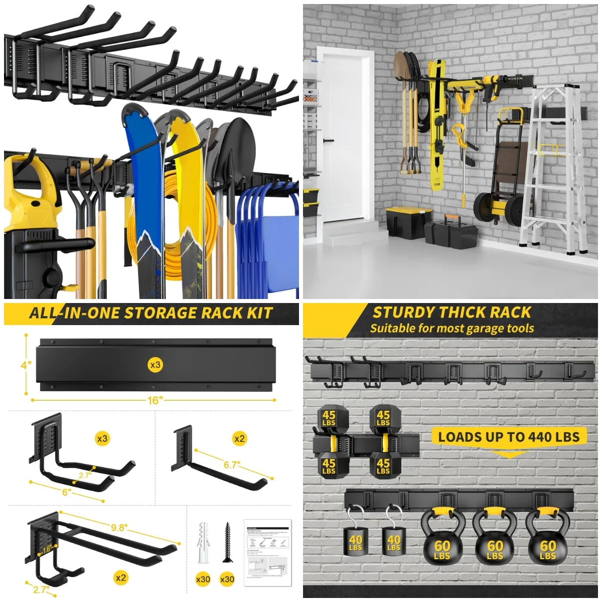 

48' Wall Mount Tool Organizer, 440lbs Heavy Duty Garage Storage with Adjustable Hooks, Yard Rack for Shovels, Rakes, Brooms & La