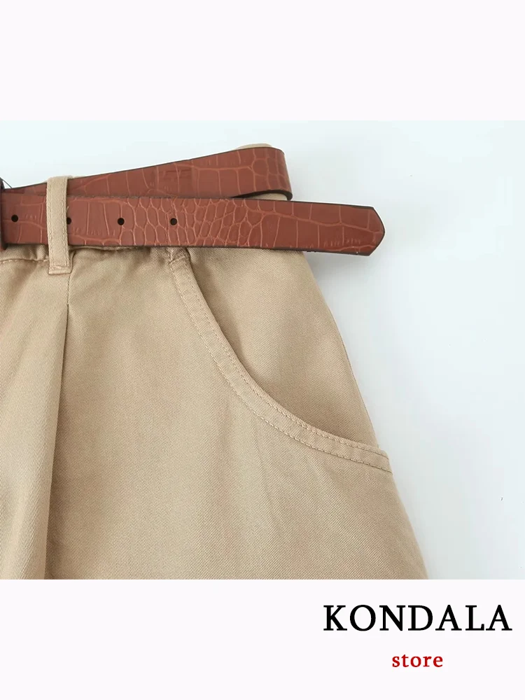 KONDALA Vintage Casual Chic Khaki Women Pants Solid Zipper Pockets Belt Straight Loose Pants New Fashion 2023 Autumn Trousers