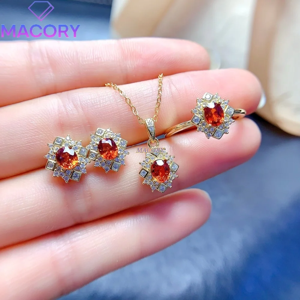 925 Sterling Silver Natural Mandarin Garnet Jewelry Set Vintage Fashion Trendy Versatile Gift for Valentine's Day Anniversaries