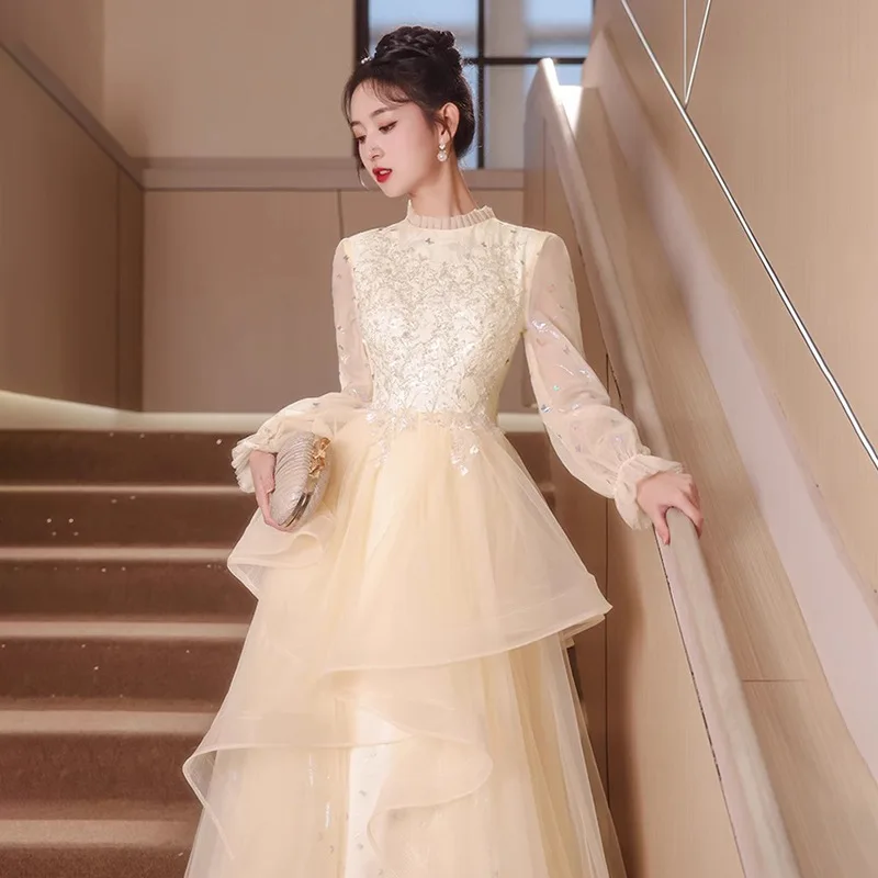 

New French Elegant Evening Dress, Adult Ceremony, Art Exam, Banquet Evening Dress, Champagne Color, Luxury Long Sleeve Dress