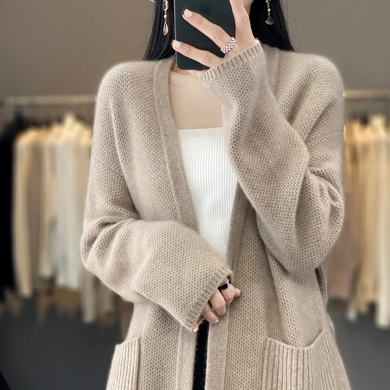 Autumn And Winter 100% Wool Long Cardigan Women\'s V-Neck Color Matching Thick Coat Sweet Strawberry Cashmere Knit Top Sweater