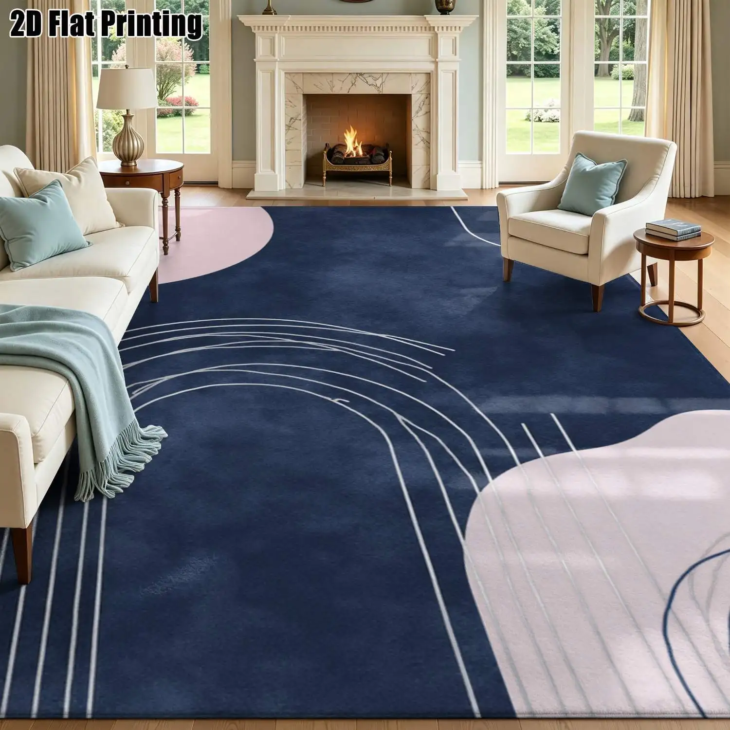 1Pc 2D Printed Carpet: Dark Blue Base, Pink&White Geometric Patterns Nordic/Instagram-Style, Modern Minimalist Abstract Art Floor Mat, Machine Washable, Multi-Size, Suitable for Home Decor as Entrance/Dining/Foyer/Bedroom/Living Room Mat.