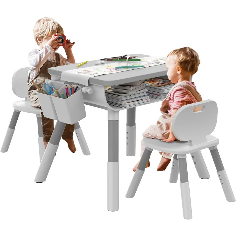 Set tavolo e sedia per bambini, Set tavolo e 2 sedie per bambini, Set tavolo e sedie da studio per bambini, altezza regolabile, contenitore integrato