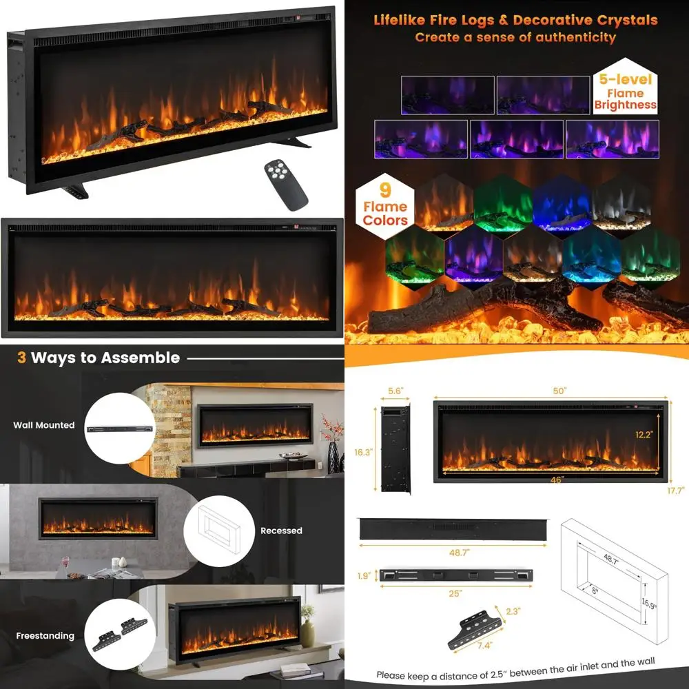 

50 Inch Wall-Mounted Electric Fireplace Insert, 1500W Slim Heater with Remote Control, Recessed or Freestanding Option for Moder