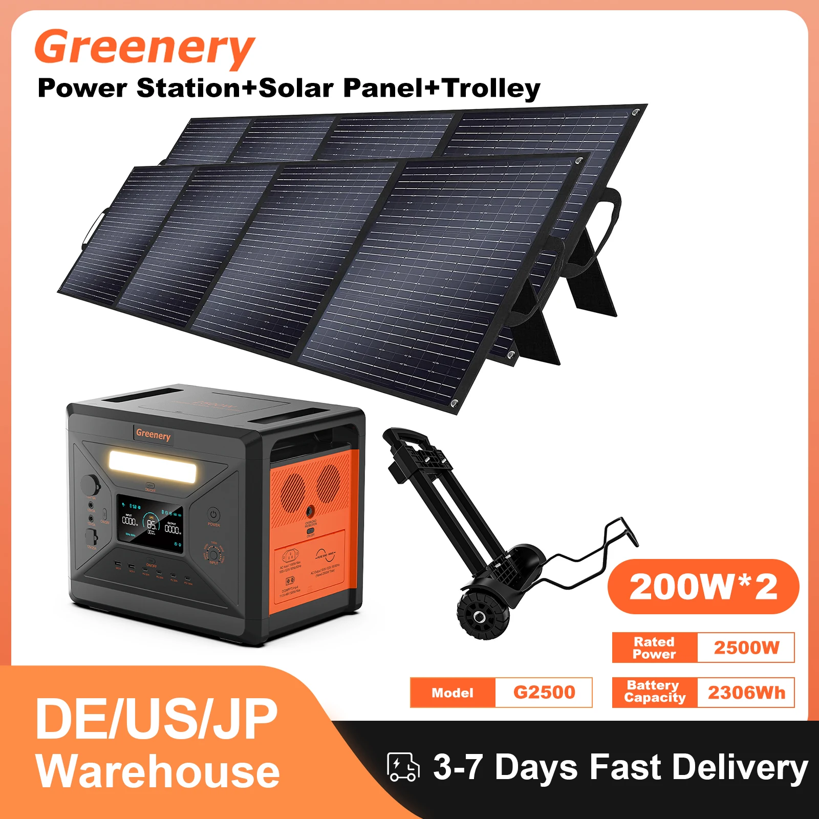 

Greenery 200 Watt Solar Panel Complete Photovoltaic Kit G2500 Portable Electric Generator Power Stations Trolley for Home Backup