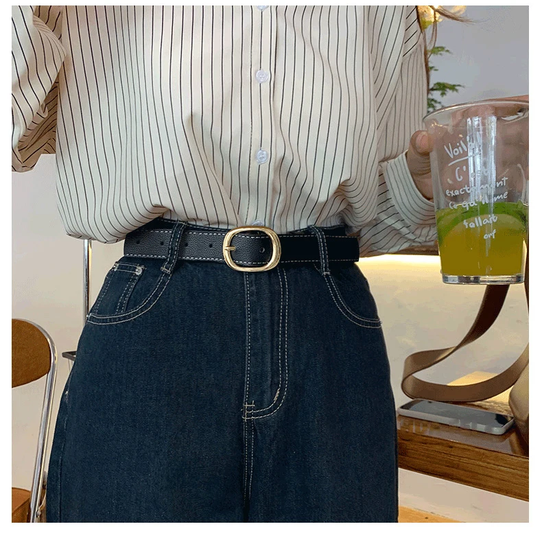Women's Black Leather Belt Versatile High-End Retro Style Casual Waist Accessory for Jeans Summer Student Fashion