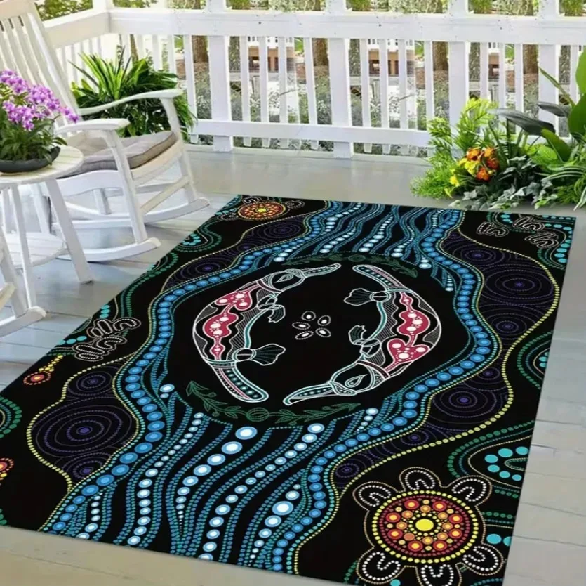 Aboriginal Art Design Non-Waterproof Polyester Tent Footprint Decorative Floor Mat for Patio Camping Living Room and Bedroom