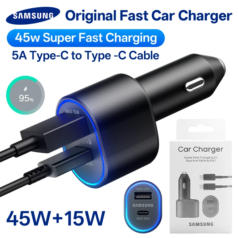 Original Samsung Super Fast Dual Car Charger PD 45W+15W Usb Type C Auto Chargeur S24 S23 S22 Ultra S24 FE A55 A35 Z Fold Flip 6