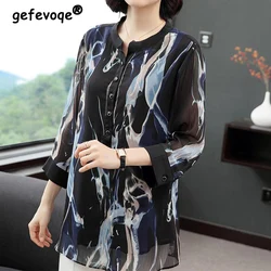 Vintage Printing Gauze Button Chiffon Shirt Summer Autumn 2023 O-Neck Three Quarter Sleeve Loose Pullover Blouse Ladies Clothing