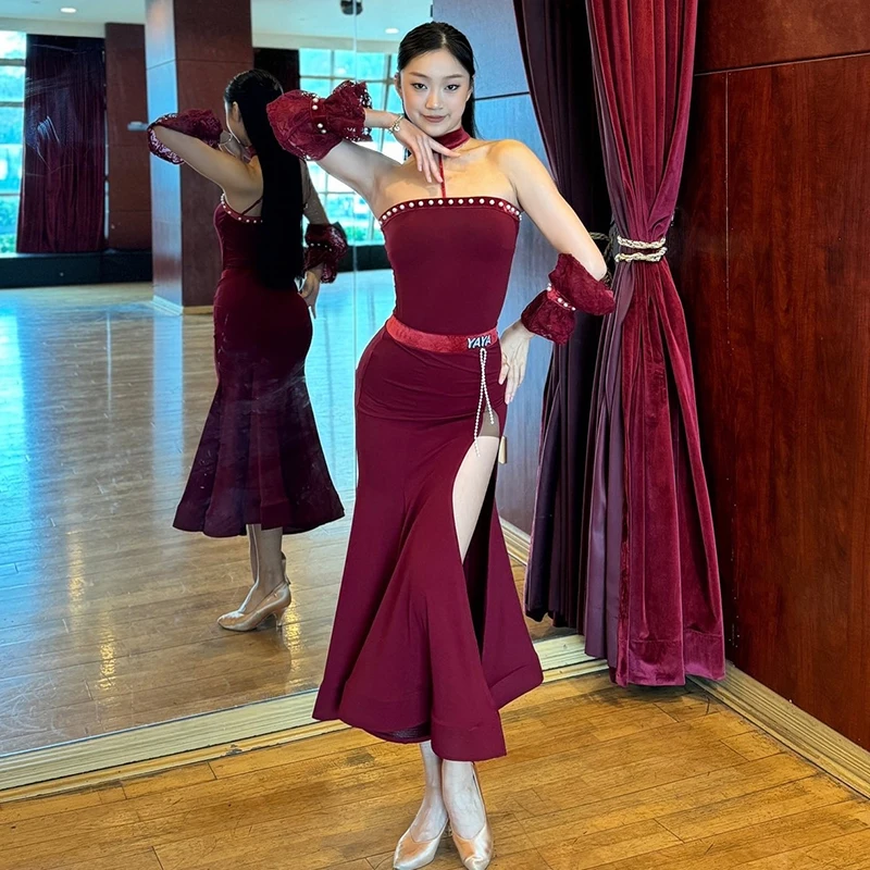 Burgundy Ballroom Dance Clothes Women Competition Dress Standard Waltz Dance Costume Prom Performance Clothes Tops Skirt BL13853