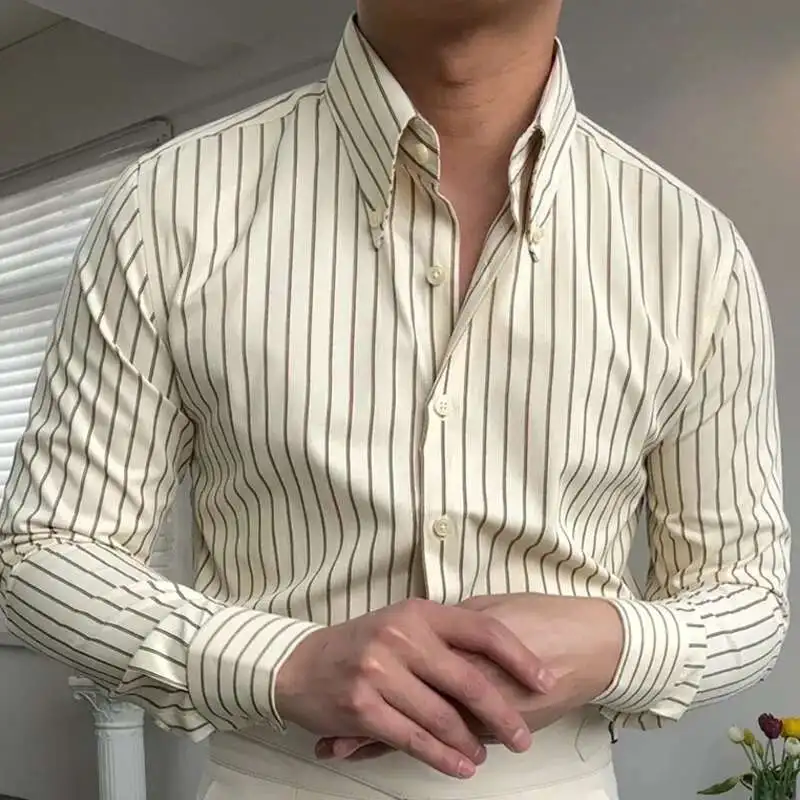 

British Fashion Color Contrast Stripes Shirt Business Shirt Men Long Sleeve Shirt Trend Men Office Tuxedo Social