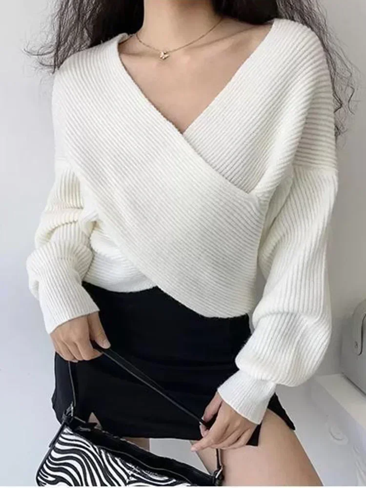 Women Winter Autumn Sweater V-neck Top New Korean Version Loose and Versatile Short Sexy Sweater Slimming and Gentle Knit D4335