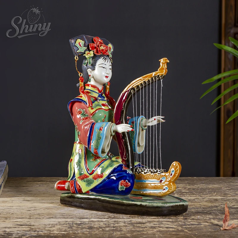 Shiwan Ceramics Chinese Classical Beauty Girl Women Play Qin Statue Ladies Ornament Gift Classical Beautiful  Home Decoration