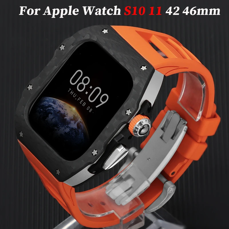 

Карбоновый чехол для Apple Watch S10 42 мм 46 мм, комплект для модификации, резиновый ремешок, спортивный стиль, для IWatch Series 11 42 46, роскошный мод для тюнинга.