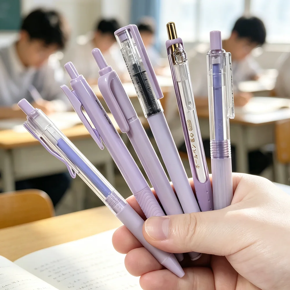 

6Pcs Purple Yueyan Pen Set, 5 Black 0.5mm Gel Pens + 1 Highlighter, Quick Dry for School & Office