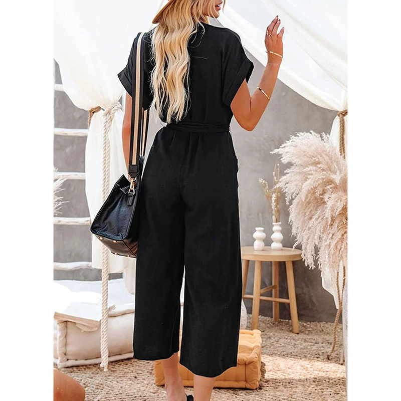 Dames Zomer Casual Wijde Pijpen Jumpsuits Korte Mouw V Hals Knoopsluiting Taille Stropdas Lange Broek Romper Met Zakken