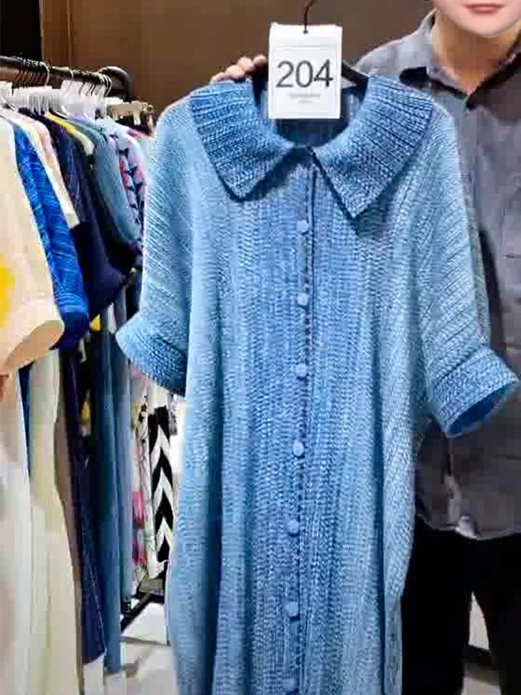 

Свободное повседневное летнее платье для женщин, модное, однотонное, с отложным воротником, коротким рукавом, плиссированной юбкой А-силуэта, из полиэфирного волокна