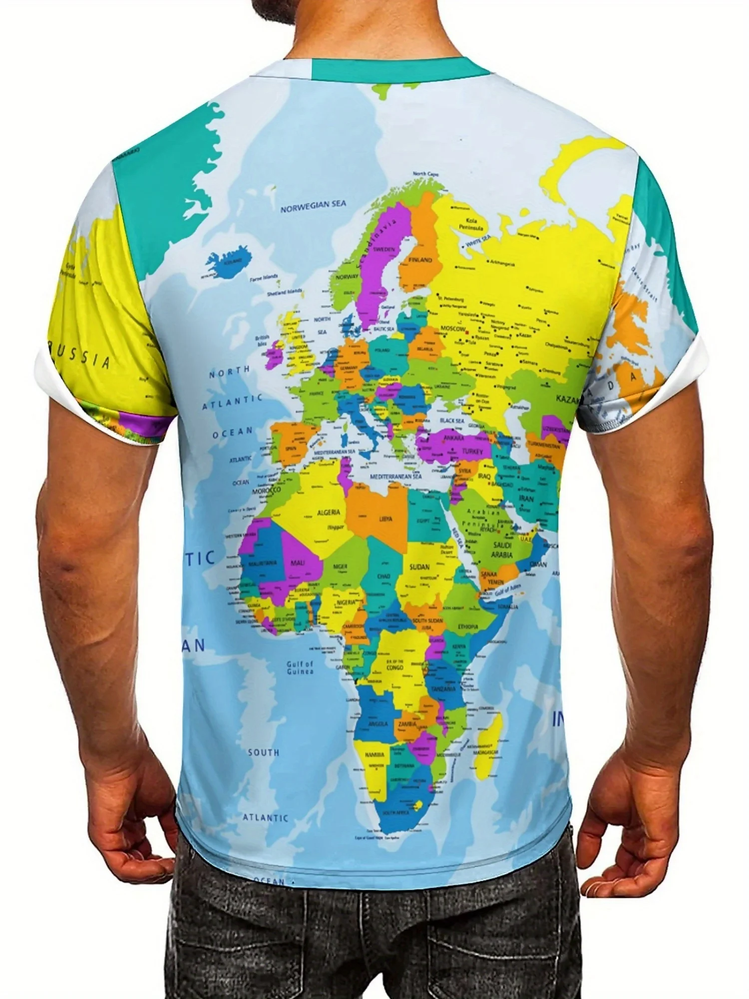 Men'S Vintage Map 3D Print T-Shirt - Soft Polyester, Crew Neck, Short Sleeve, Machine Washable, Bright Colors, Realistic Design