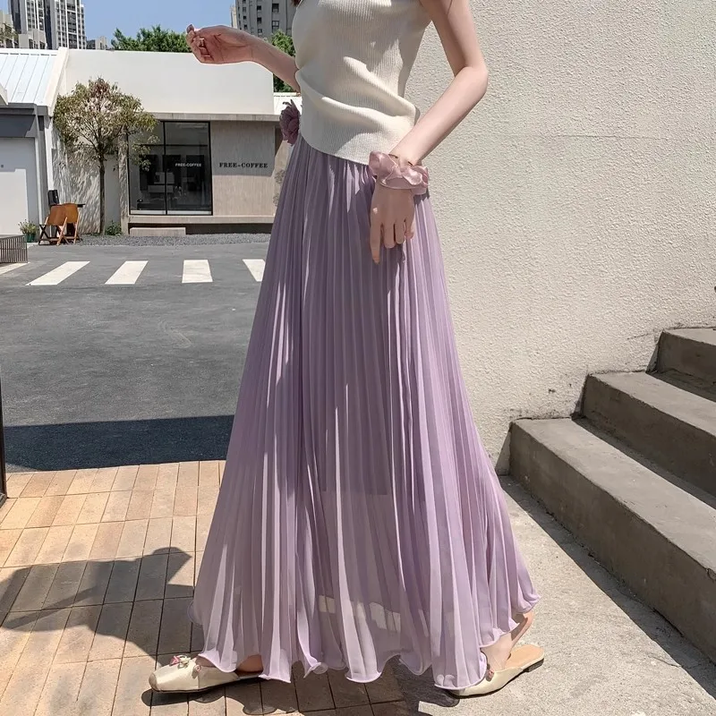 2026 Summer Pleated Solid Color Half Body Skirt Women High-Waisted Elegant Flowy A-Line Maxi Skirt Beach Vacation Dress