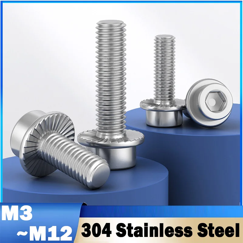 1~30Pcs M3 M4 M5 M6 M8 M10 M12 304 Stainless Steel Flange Socket Head Cap Screw With Serrated Flange Pad
