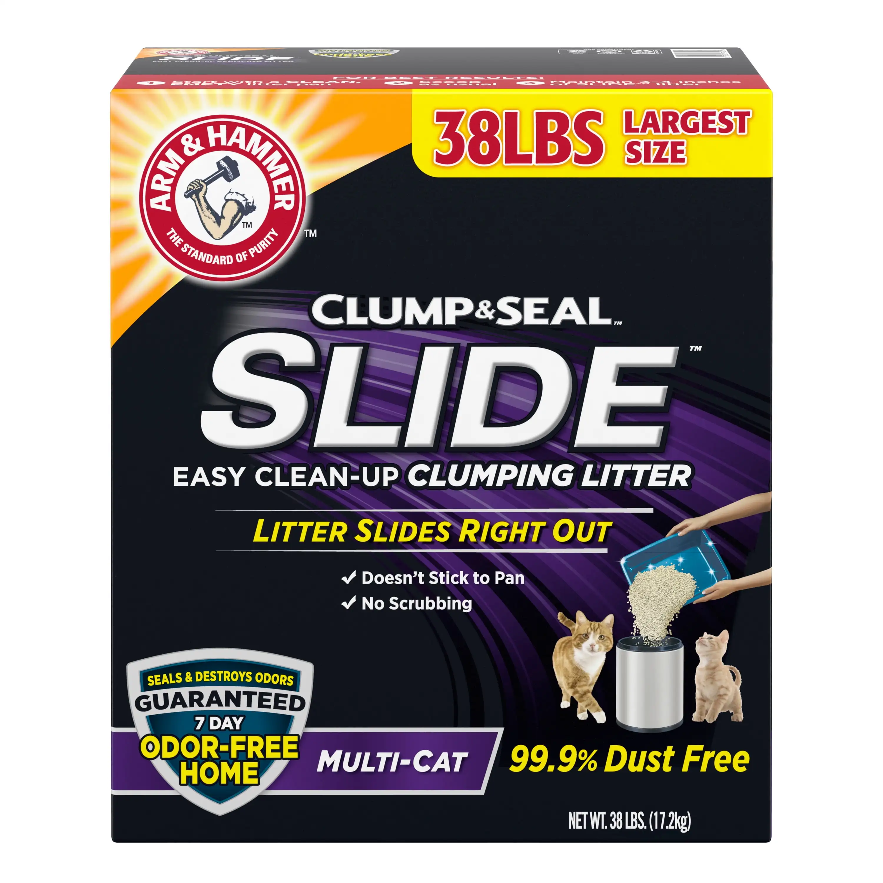 

ARM & HAMMER Clump & Seal SLIDE Cat Litter, Easy Clean-up Multi-Cat Clumping Litter, 38 lbs