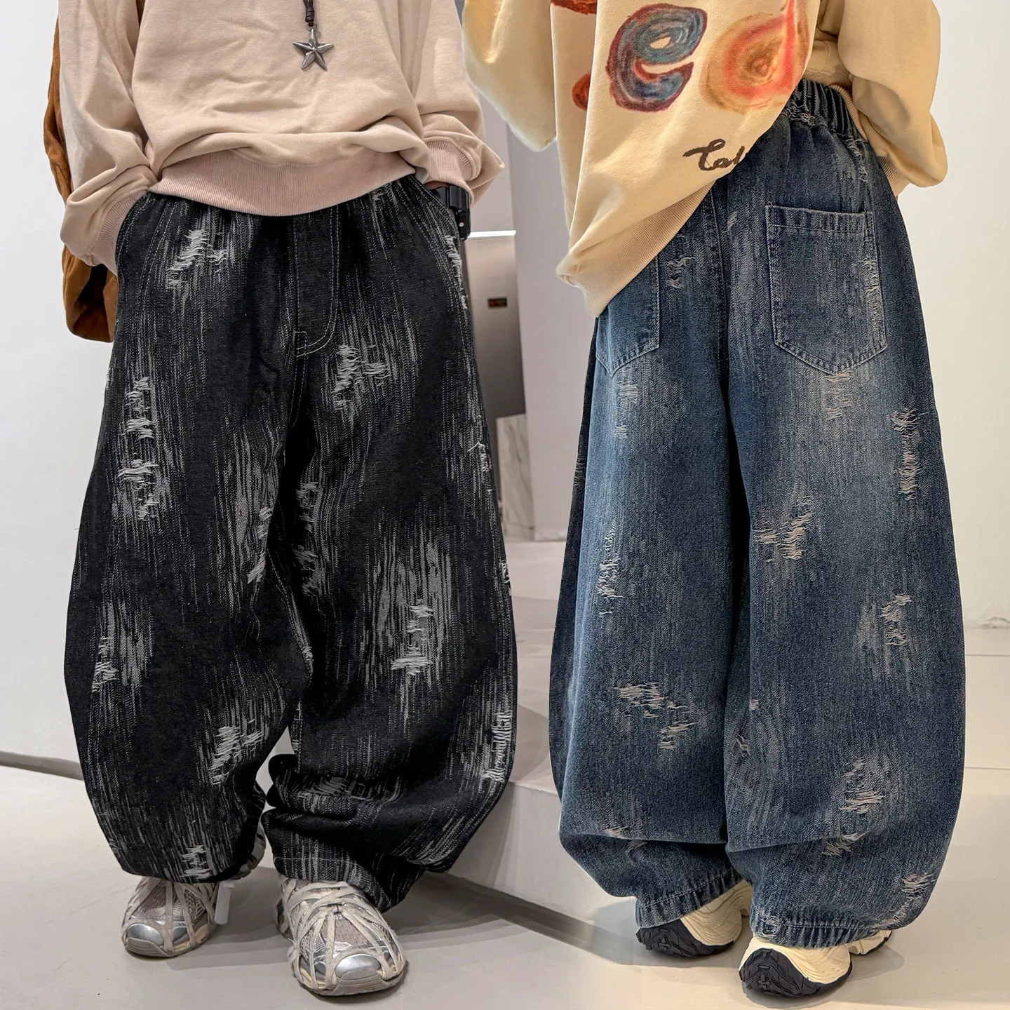 Autumn Boys Loose Straight Destroyed Jeans for Teens Children Casual Ripped Denim Pants Korean Kids Fashion Trousers Age 4-15Y
