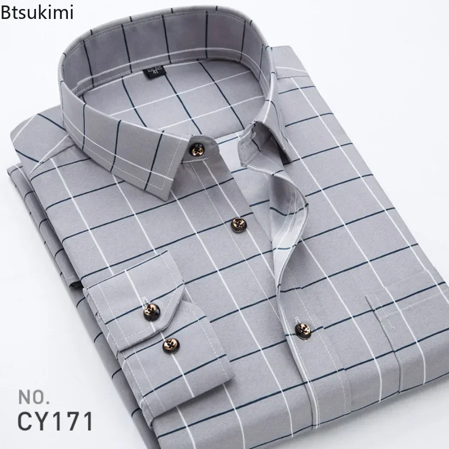 2025 camisas casuales de manga larga de algodón a cuadros para hombre, vestido Formal de primavera y otoño, camisa de negocios para hombre, camisas estampadas a rayas para Club para hombre