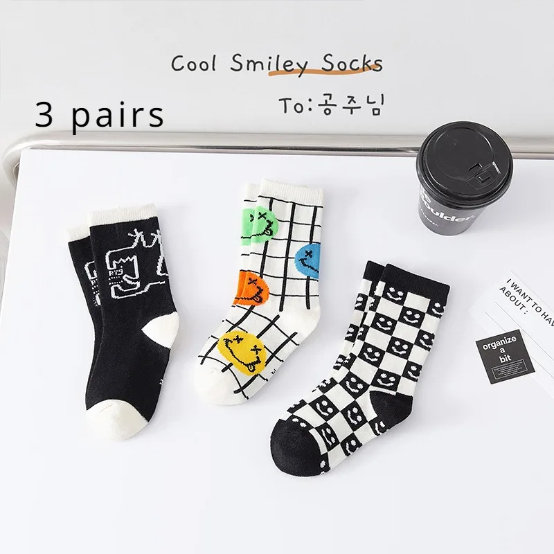 3 Pairs of Spring and Fall Children Cute Smiley Fashion Checkerboard Cartoon Comfortable Socks for Boys and Girls