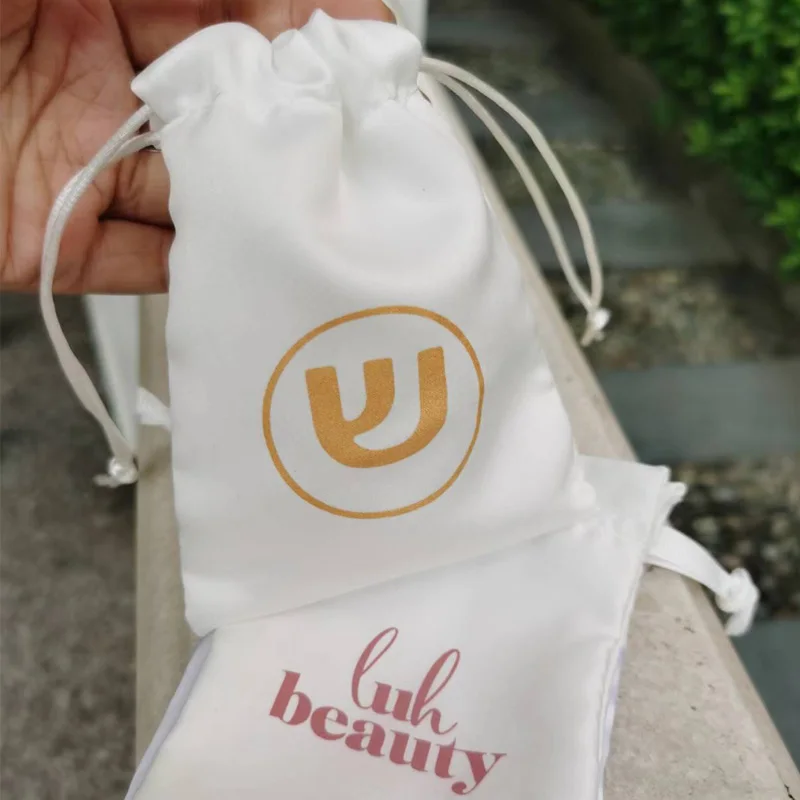 Custom Rose Gold LogoPackaging Sack Underwear Jewelry Satin Dust Pouch White Silk Drawstring Bag for Hair Bundles