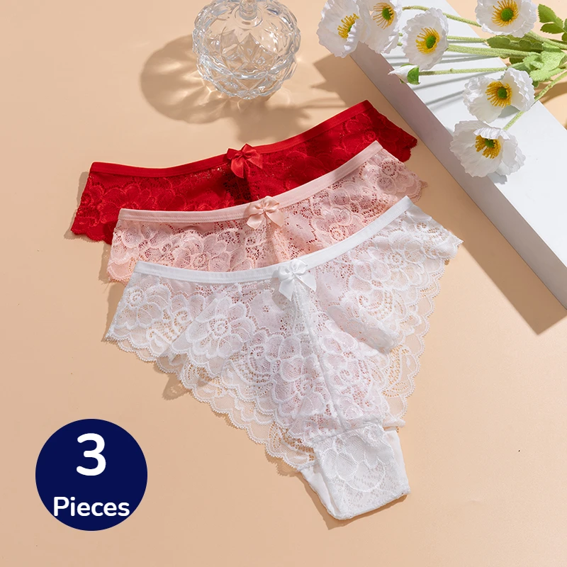 BZEL 3-teiliges Set Damenhöschen, modische süße Spitzen-Slips mit Schleife, sexy Dessous, atmungsaktive, bequeme Unterhosen, heiß begehrt