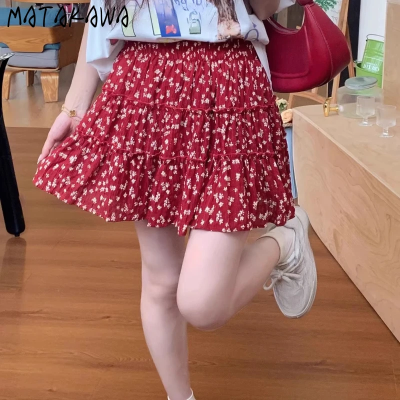

Matakawa Sweet Floral Mini Skirts Spring Summer Ruffles Retro Women Skirt Korean Fashion A-line Elegant Simple Faldas Mujer