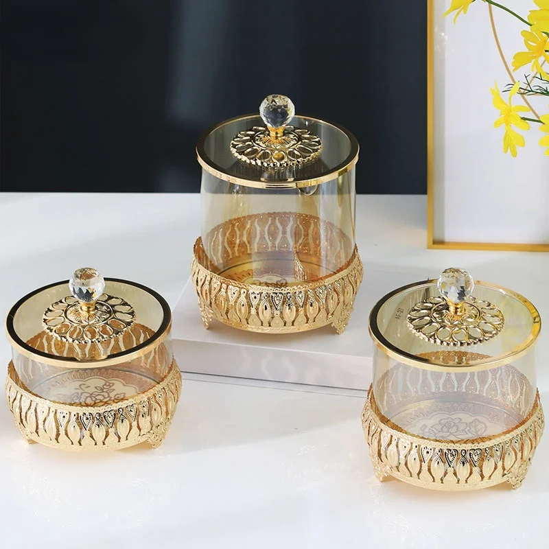 European Vintage Metal Relief Craft Candy Pot Snacks Storage Jar Living Room Decoration Gold Inlay Glass Jars with Lid