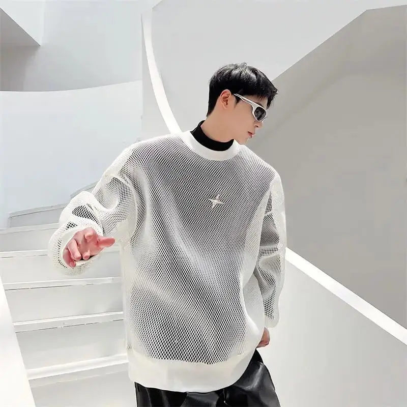 Summer Hollow Out Mesh Men Long Sleeve O Neck Sweatshirt Street Fashion Hip Hop Personality Casual Oversized Clothes Black White