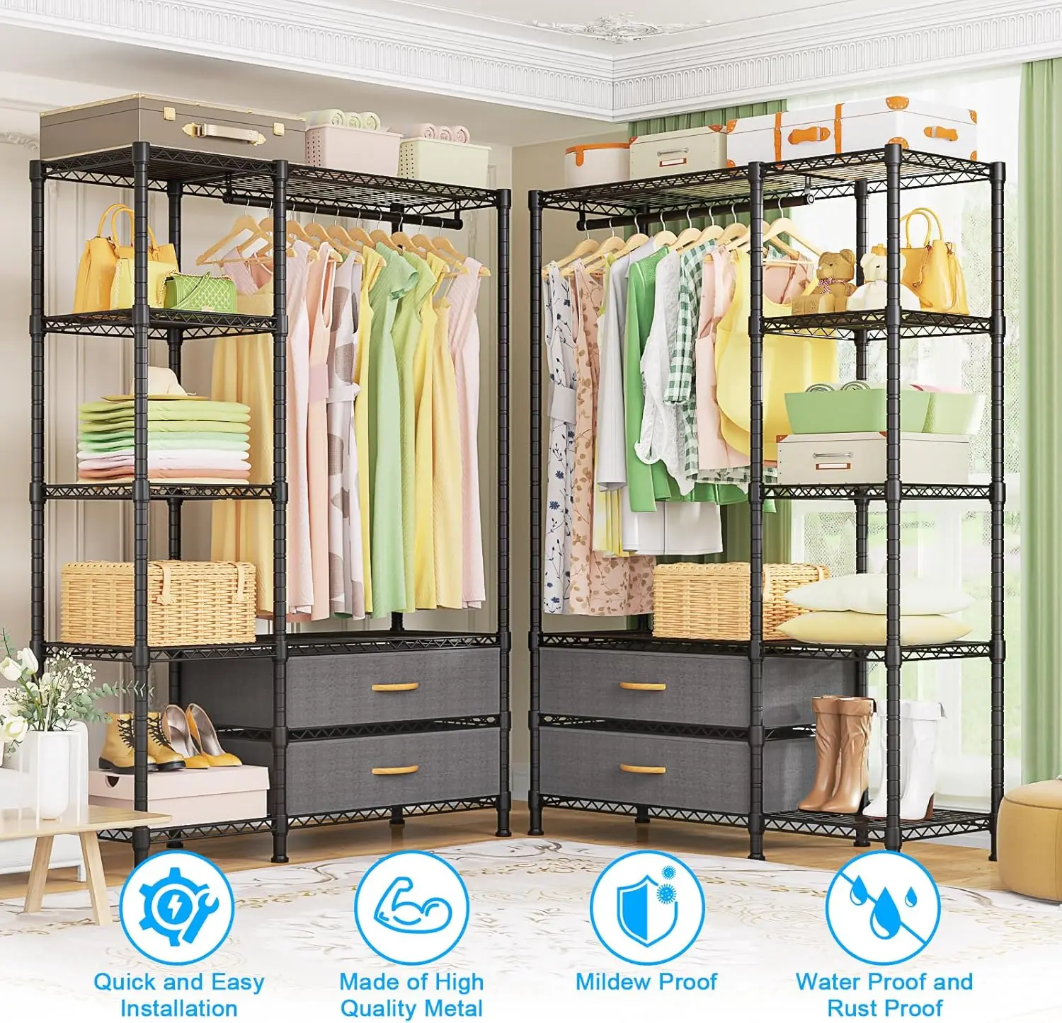 F3 Heavy Duty Clothes Rack（With Fabric Drawers）Freestanding Clothing Racks for Hanging Clothes，Adjustable Closet Organizerk